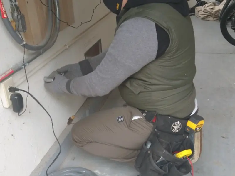 Electrician performing outlet wiring in a Chatfield garage
